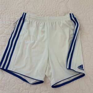 Adidas Women's White Athletic Shorts with Blue Stripes